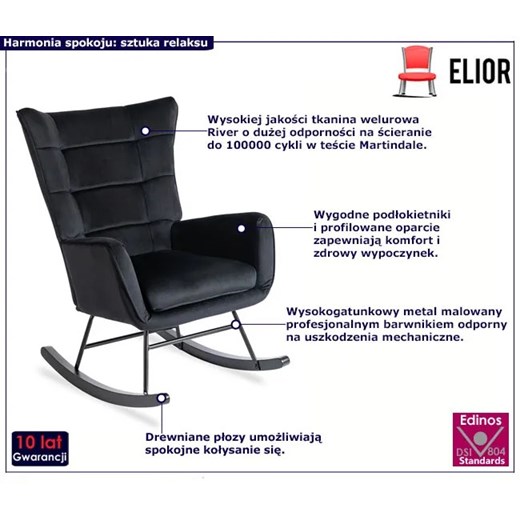 Czarny welurowy fotel bujany - Velkos Elior One Size Edinos.pl