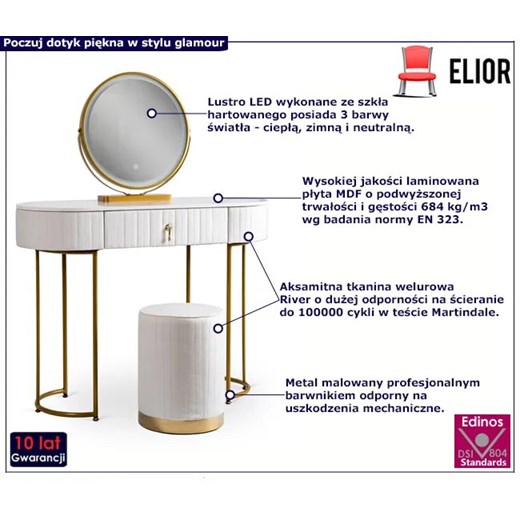 Biała toaletka z pufą i lustrem w stylu glamour - Adorva 4X Elior One Size Edinos.pl