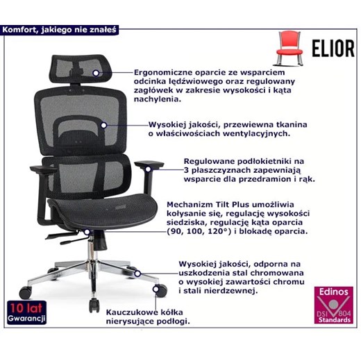 Czarny ergonomiczny fotel obrotowy do komputera - Atop Elior One Size Edinos.pl