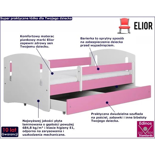 Łóżko dla dziewczynki z materacem Pinokio 3X 80x140 - różowe Elior One Size Edinos.pl