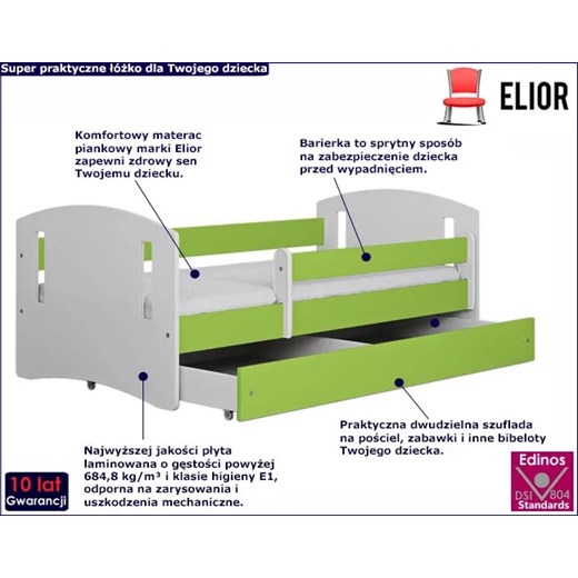 Łóżko dziecięce z szufladą Pinokio 3X 80x180 - zielone Elior One Size Edinos.pl