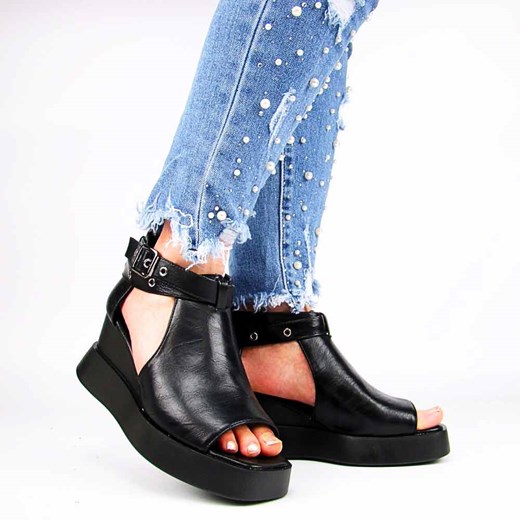 JEZZI ASA209-6 damskie sandały na koturnie czarne ze sklepu senity.pl w kategorii Sandały damskie - zdjęcie 172240331