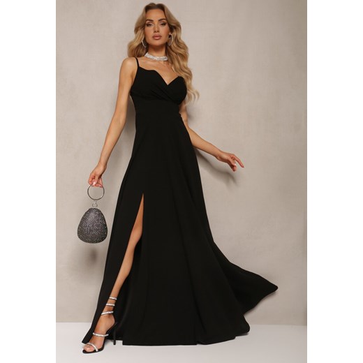 Czarna Elegancka Sukienka o Rozkloszowanym Kroju z Rozcięciem na Ramiączkach z Kopertowym Dekoltem Winelia ze sklepu Renee odzież w kategorii Sukienki - zdjęcie 172242291