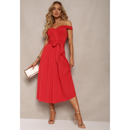 Czerwona Sukienka Wieczorowa Hiszpanka z Materiałowym Paskiem Yellia ze sklepu Renee odzież w kategorii Sukienki - zdjęcie 172242402