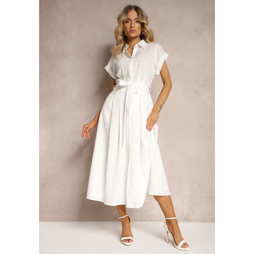 Sukienka Renee biała midi z krótkim rękawem elegancka wieczorowa z dekoltem v 