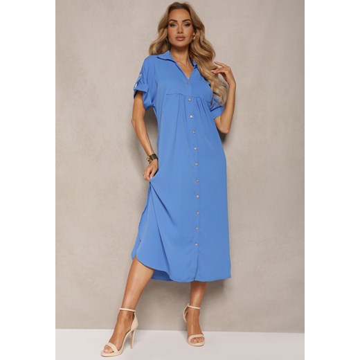 Niebieska Koszulowa Sukienka z Podwijanymi Rękawami Zapinana na Guziki Moarielle ze sklepu Renee odzież w kategorii Sukienki - zdjęcie 172242710