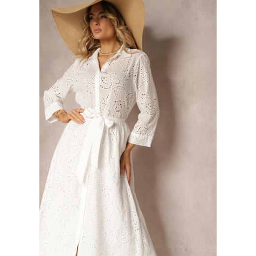 Biała Bawełniana Sukienka Koszulowa z Koronki Zapinana na Guziki z Materiałowym Paskiem Clola ze sklepu Renee odzież w kategorii Sukienki - zdjęcie 172242780