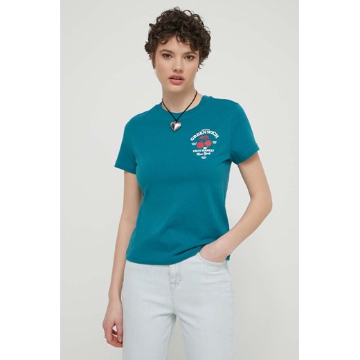 Tommy Jeans t-shirt bawełniany damski kolor turkusowy DW0DW17820 ze sklepu ANSWEAR.com w kategorii Bluzki damskie - zdjęcie 172243823