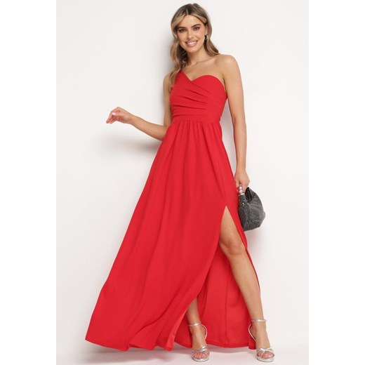 Czerwona Elegancka Rozkloszowana Sukienka na Jedno Ramię Wistlia ze sklepu Born2be Odzież w kategorii Sukienki - zdjęcie 172244193