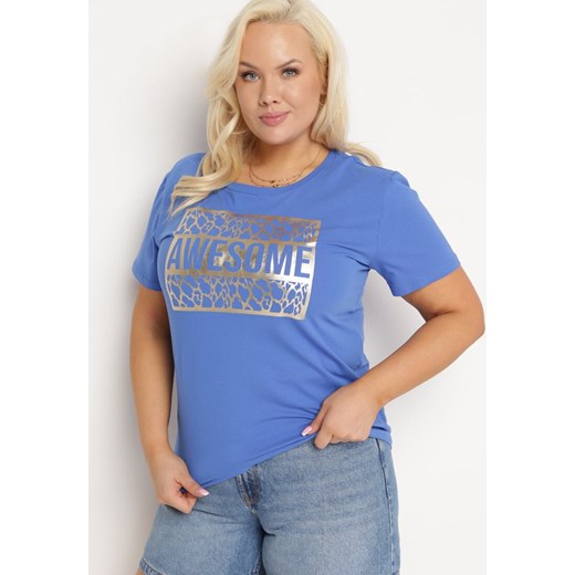 Niebieski Bawełniany T-shirt z Ozdobnym Napisem Floerin ze sklepu Born2be Odzież w kategorii Bluzki damskie - zdjęcie 172244263