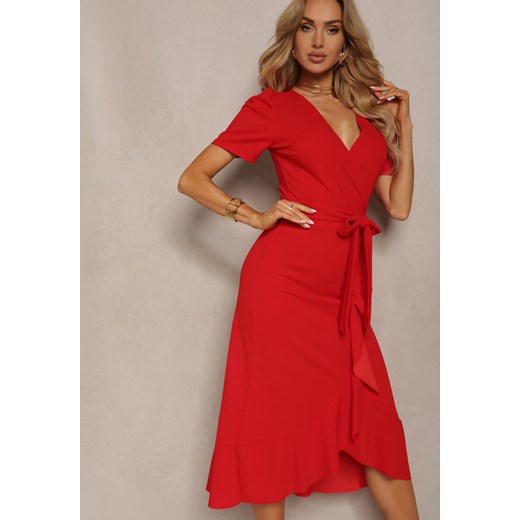 Czerwona Kopertowa Sukienka z Falbanką Caronia Renee L promocja Renee odzież