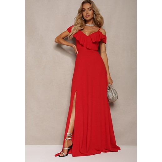 Czerwona Rozkloszowana Sukienka Typu Hiszpanka na Ramiączkach z Rozcięciem Neroli ze sklepu Renee odzież w kategorii Sukienki - zdjęcie 172246801