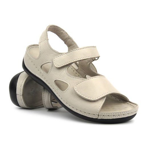 Skórzane sandały damskie na rzepy - Helios 1203, jasnoszare ze sklepu ulubioneobuwie w kategorii Sandały damskie - zdjęcie 172248260