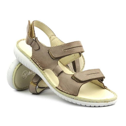 Skórzane sandały damskie na rzepy - Helios Komfort 794S, beżowe ze sklepu ulubioneobuwie w kategorii Sandały damskie - zdjęcie 172248293