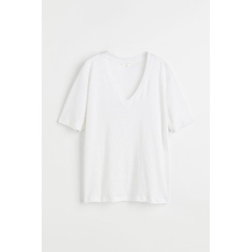 H & M - Dżersejowy lniany T-shirt z dekoltem w serek - Biały H & M L H&M