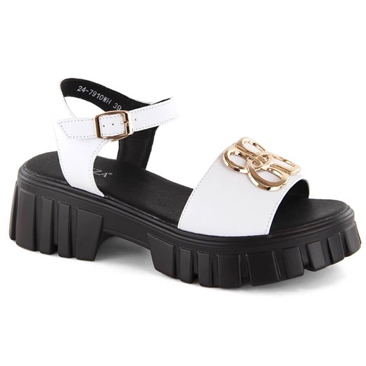 Skórzane sandały damskie na obcasie i platformie białe Vinceza 7910 ze sklepu ButyModne.pl w kategorii Sandały damskie - zdjęcie 172251152