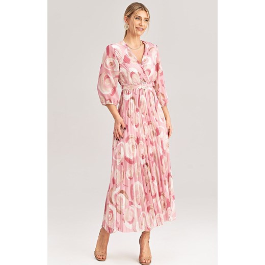Plisowana sukienka z rękawem 3/4 M1006/167, Kolor różowy-wzór, Rozmiar uniwersalny Primodo