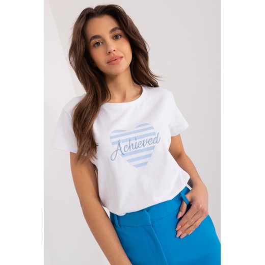 T-Shirt z printem Basic Feel Good biało-niebieski ze sklepu 5.10.15 w kategorii Bluzki damskie - zdjęcie 172251952