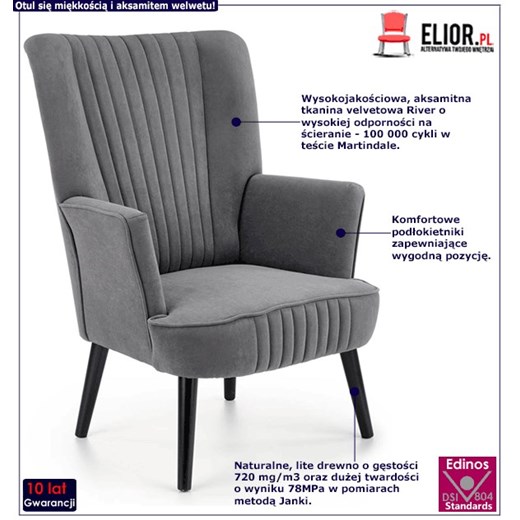 Popielaty fotel welwetowy do salonu - Bovi Elior One Size Edinos.pl