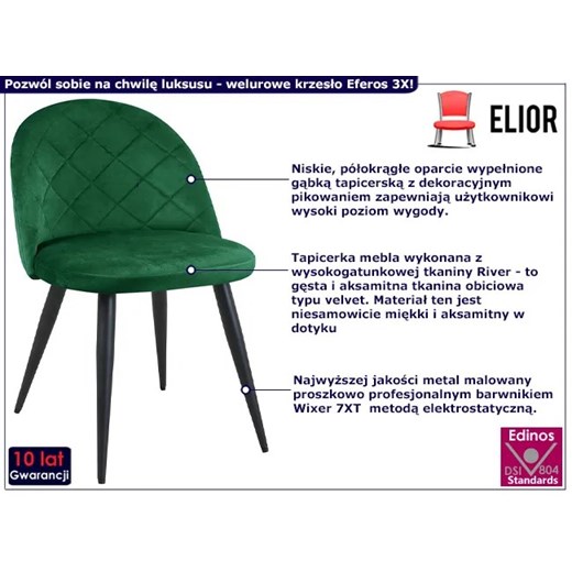 Welurowe krzesło z pikowanym oparciem butelkowa zieleń - Eferos 3X Elior One Size okazja Edinos.pl