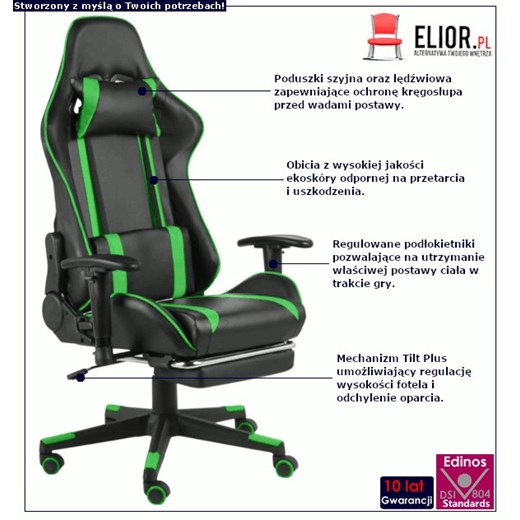 Czarno-zielony fotel do gier z podnóżkiem - Epic Gamer Elior One Size Edinos.pl