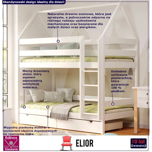 Białe piętrowe łóżko dziecięce domek 2-osobowe z szufladą - Zuzu 4X 200x90 cm Elior One Size Edinos.pl