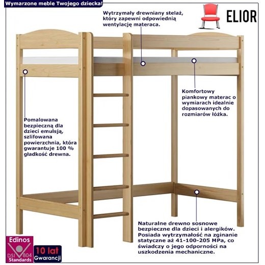 Dziecięce łóżko piętrowe pojedyncze, sosna - Igi 4X 190x80 cm Elior One Size wyprzedaż Edinos.pl