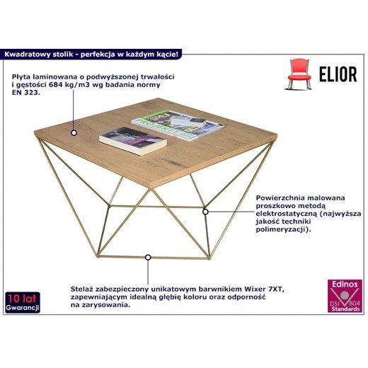Stolik kawowy z metalowym stelażem dąb lancelot + złoty - Galapi 3X Elior One Size Edinos.pl