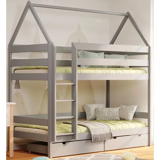Piętrowe szare drewniane łóżko dziecięce domek z 2 szufladami - Zuzu 4X 180x80 cm ze sklepu Edinos.pl w kategorii Łóżka dziecięce - zdjęcie 172262133
