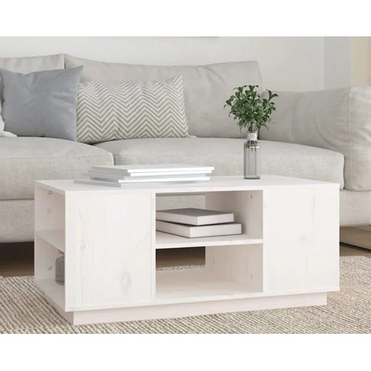 Biały drewniany stolik kawowy z półkami - Fivi Elior One Size okazyjna cena Edinos.pl