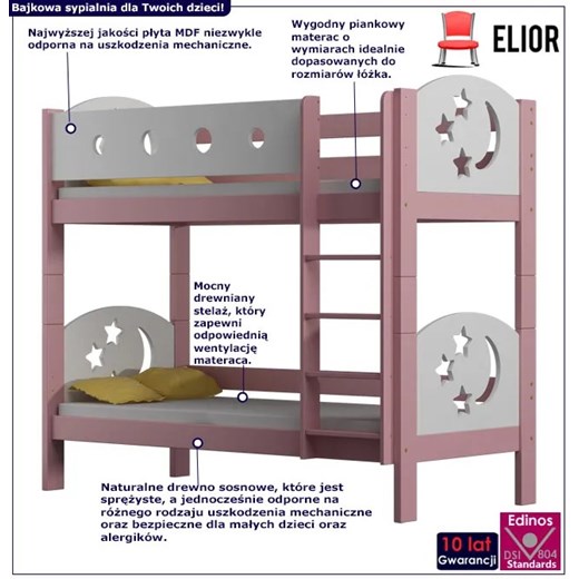 Różowe piętrowe łóżko dziecięce z drewna - Mimi 3X 190x90 cm Elior One Size Edinos.pl