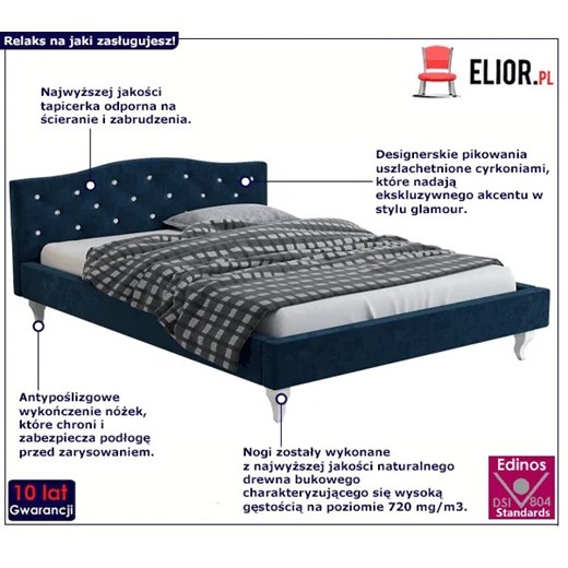 Pikowane łóżko w stylu glamour 140x200 - Krispi 40 kolorów Elior One Size Edinos.pl