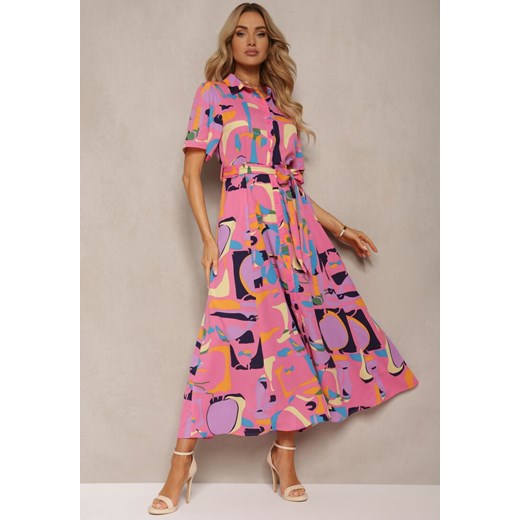 Różowa Koszulowa Sukienka w Abstrakcyjny Print z Materiałowym Paskiem w Talii Renee M okazyjna cena Renee odzież