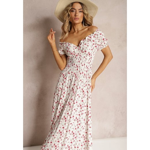 Biało-Różowa Wiskozowa Sukienka w Kwiaty z Trójkątnym Dekoltem i Gumką w Talii Lasteri ze sklepu Renee odzież w kategorii Sukienki - zdjęcie 172272572