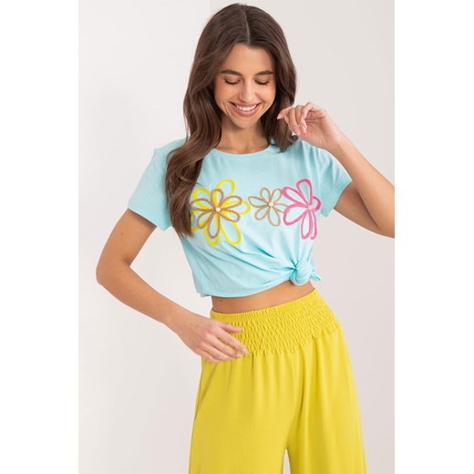 T-Shirt z kwiatową aplikacją miętowy ze sklepu 5.10.15 w kategorii Bluzki damskie - zdjęcie 172272770