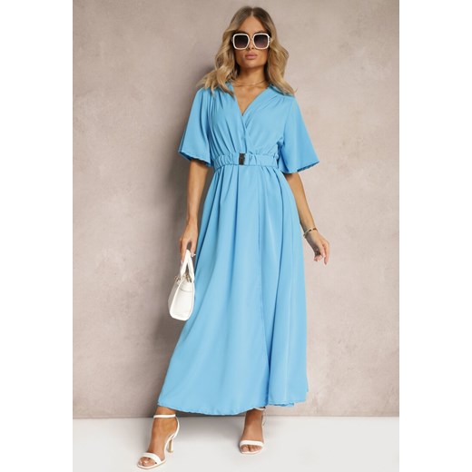 Niebieska Kopertowa Sukienka z Gumką w Talii i Paskiem Amperi ze sklepu Renee odzież w kategorii Sukienki - zdjęcie 172278673