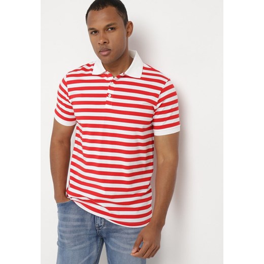 Biało-Czerwona Klasyczna Bawełniana Koszulka Polo z Kołnierzykiem Zapinana na Guziki pod Szyją Betima ze sklepu Born2be Odzież w kategorii T-shirty męskie - zdjęcie 172279293