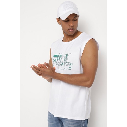 Biała Koszulka z Bawełny bez Rękawów z Ozdobnym Nadrukiem Aanesa ze sklepu Born2be Odzież w kategorii Podkoszulki męskie - zdjęcie 172279463