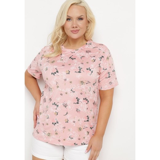 Różowy T-shirt Koszulka z Krótkim Rękawem w Kwiaty Nleessa ze sklepu Born2be Odzież w kategorii Bluzki damskie - zdjęcie 172279843