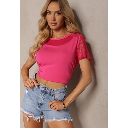 Różowy Wiskozowy T-shirt Koszulka z Krótkim Rękawem i Koronką Liada ze sklepu Renee odzież w kategorii Bluzki damskie - zdjęcie 172283494