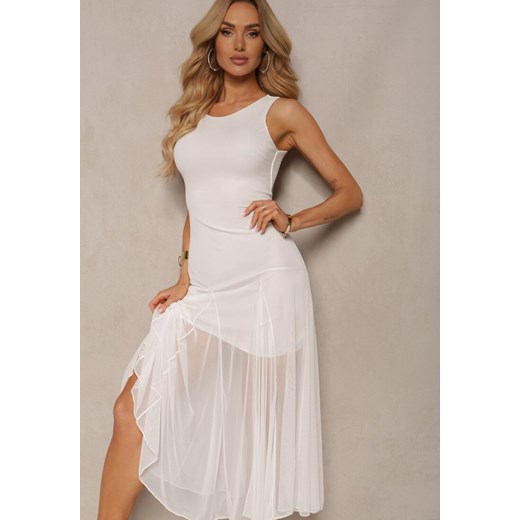 Biała Taliowana Sukienka z Dołem z Tiulowej Siateczki Uisolia Renee S/M promocja Renee odzież