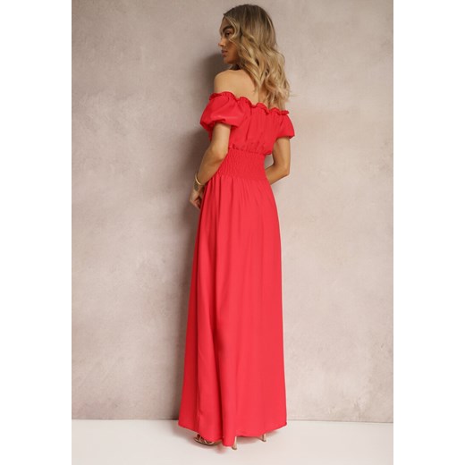 Czerwona Sukienka z Wiskozy z Gumką w Talii i Kopertowym Dekoltem Rhoneri Renee M promocja Renee odzież