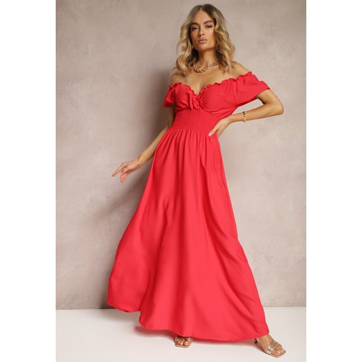 Czerwona Sukienka z Wiskozy z Gumką w Talii i Kopertowym Dekoltem Rhoneri Renee M promocyjna cena Renee odzież