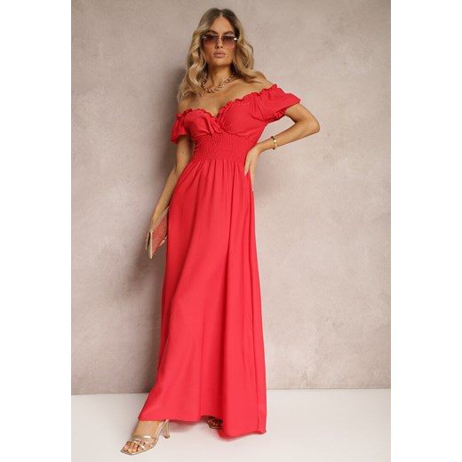 Czerwona Sukienka z Wiskozy z Gumką w Talii i Kopertowym Dekoltem Rhoneri ze sklepu Renee odzież w kategorii Sukienki - zdjęcie 172283774