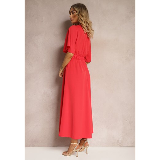 Czerwona Kopertowa Sukienka z Gumką w Talii i Paskiem Amperi Renee M Renee odzież wyprzedaż