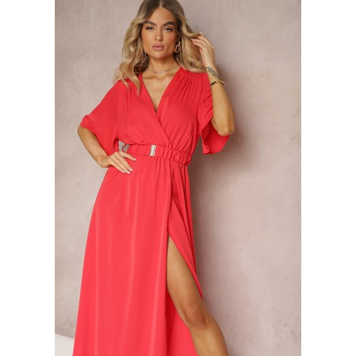 Czerwona Kopertowa Sukienka z Gumką w Talii i Paskiem Amperi Renee L Renee odzież promocja