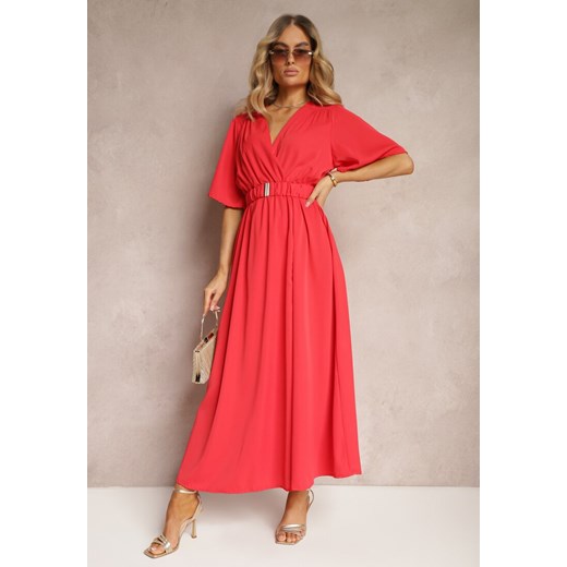 Czerwona Kopertowa Sukienka z Gumką w Talii i Paskiem Amperi Renee L okazyjna cena Renee odzież