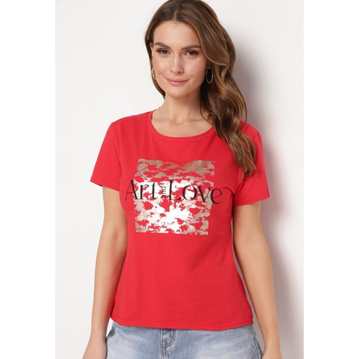 Czerwony Bawełniany T-shirt z Krótkim Rękawem i Metalicznym Nadrukiem Cadiana XL okazja Born2be Odzież