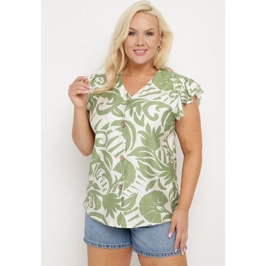 Zielona Koszula w Abstrakcyjny Print z Falbankami i Guzikami Norbia ze sklepu Born2be Odzież w kategorii Bluzki damskie - zdjęcie 172287583