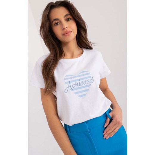 T-shirt damski z nadrukiem biało-niebieski RV-TS-9667.19, Kolor biało-niebieski, Rozmiar S/M, BASIC FEEL GOOD ze sklepu Primodo w kategorii Bluzki damskie - zdjęcie 172294092